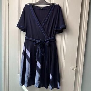 Ann Taylor Wrap Dress Womens 2 Navy Blue Mini Tie Waist Short Sleeve V-Neck